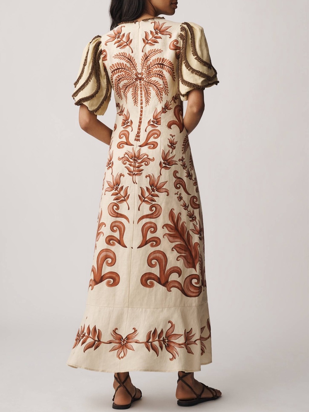 FARM Rio Milani Bead Trim Puff-Sleeve Linen Maxi Dress Size Medium NWT - Picture 3 of 8